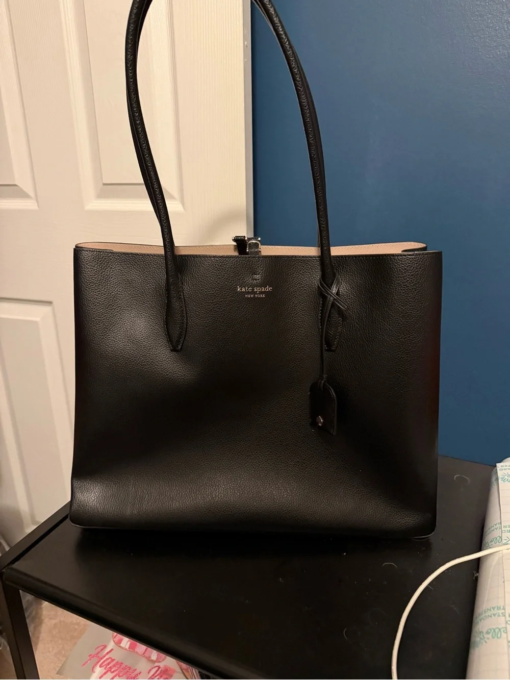kate spade Black Pebbled Leather Tote with Blush Interior